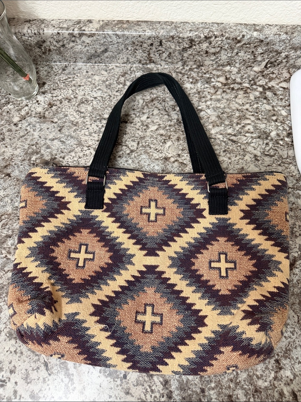 Woven Aztec-Pattern Tote Bag in Tan & Brown